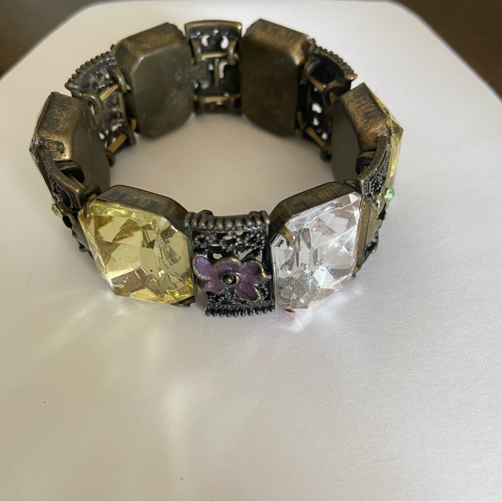 Chunky floral yellow and brass stretch bracelet